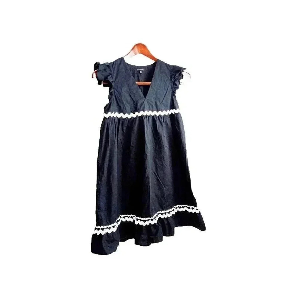 Who What Wear Womens A Line Dress Black Ruffle Hem V Neck Rick Rack Trim XS